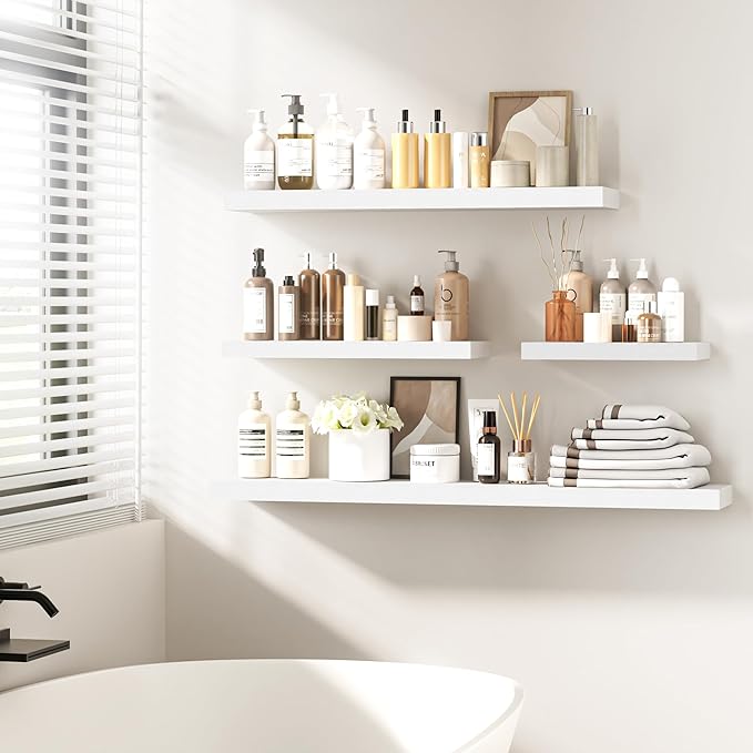 Fun Memories 48 Inch Floating Shelves - Fireplace Mantel Shelf - Deep Wall Mounted Wood Storage Shelf for Bedroom, Kitchen, Farmhouse - 1 Pack, Rustic White