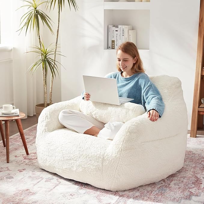 Bean Bag Chair for Adults with Pillow,Oversized Bean Bag Couch Chairs for Adults,Giant Lazy Couch Sofa Chairs with Filler,Large Reading Chair for Living Room Bedroom,White