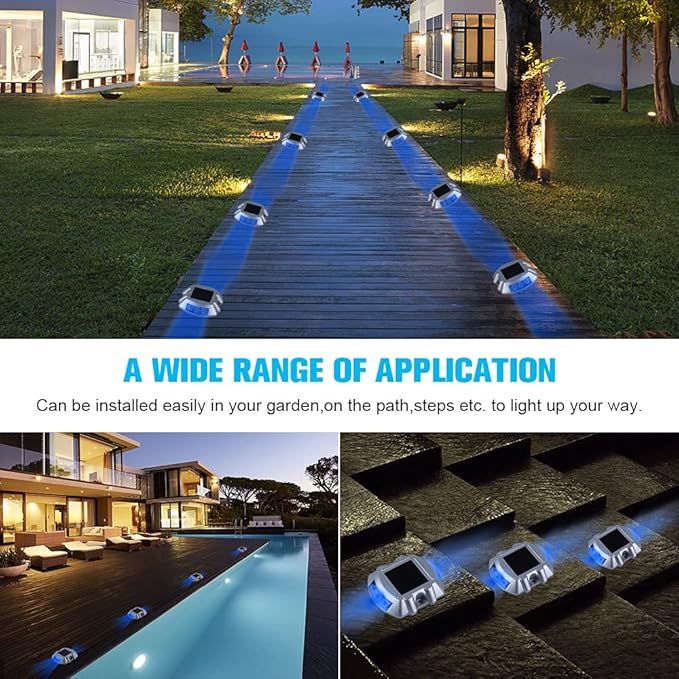 VOLISUN Solar Deck Lights, 8-Pack Led IP67 Waterproof Outdoor Warning Step Lights for Driveway, Sidewalk, Garden Pathway, Yard (Blue)
