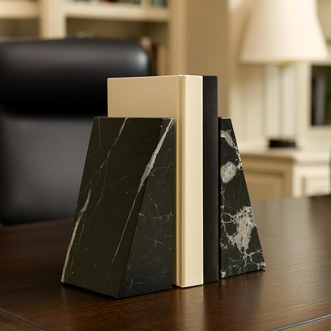 Bey-Berk Black Zebra Marble Bookends, Black ? 7.25" Tall, White Veins, Heavy-Duty Triangular Stone Book Stopper