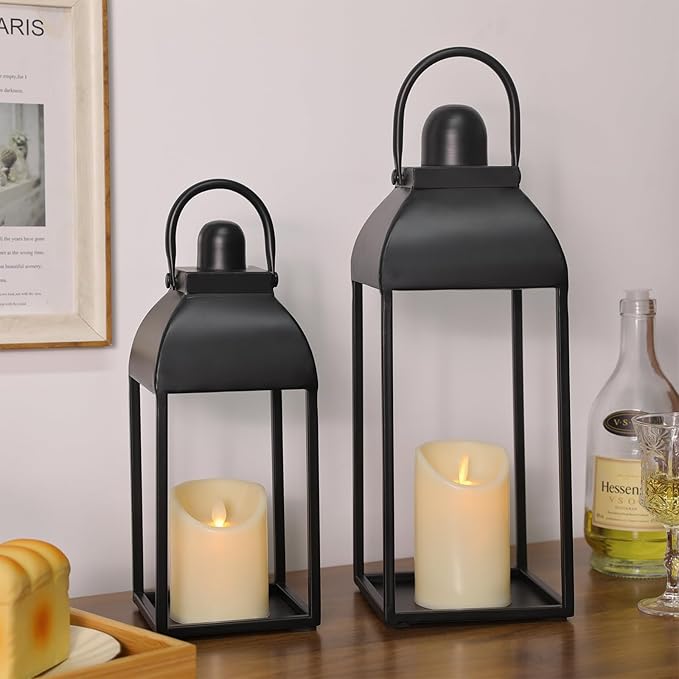 Lanterns Decorative Outdoor Indoor, Black Metal Outdoor Lanterns, 17'' 13'' Set of 2 Modern Farmhouse Candle Lantern Halloween Lanterns Centerpieces for Home, Wedding, Patio, Porch, Mantel
