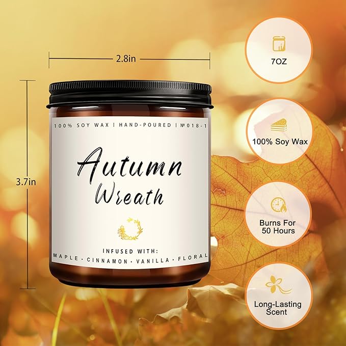 Auelife Fall Candle, Autumn Wreath Scented Soy Candles for Home, Aromatherapy Candle Gift Set for Women & Men, Cozy Fall Dรฉcor, 7oz โ Perfect for Autumn Relaxation and Home Ambiance
