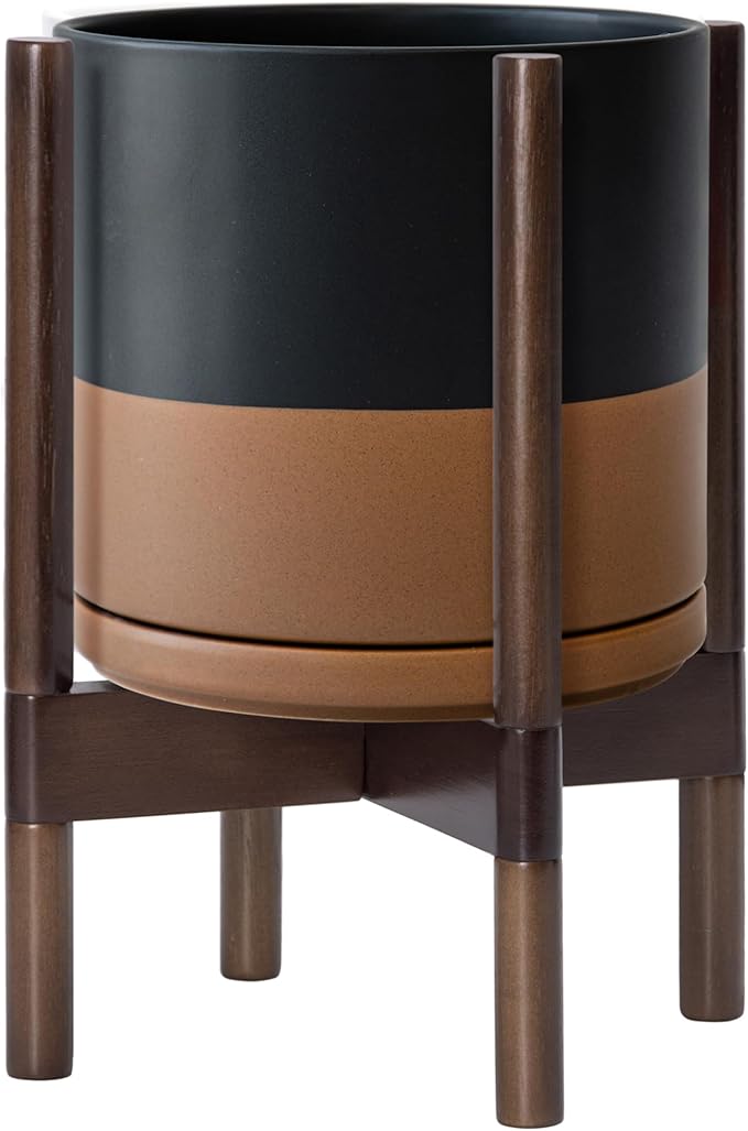 D'vine Dev Ceramic Planter with Walnut Color Stand - 10 Inch Modern Round Flower Pot with Wood Planter Holder, Black/Speckled Tan, 55-B-X-7