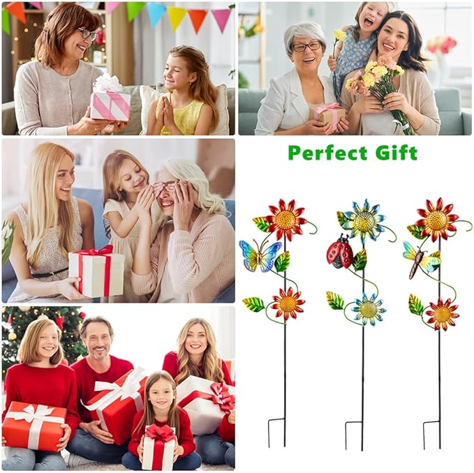 3 Pcs Sunflower&Butterly&Ladybug&Dragonfly Decorative Garden Stakes,23.5 in Metal Sunflower Yard Art for Outside Decor,Spring Outdoor Decor for Mom,Women,Grandma