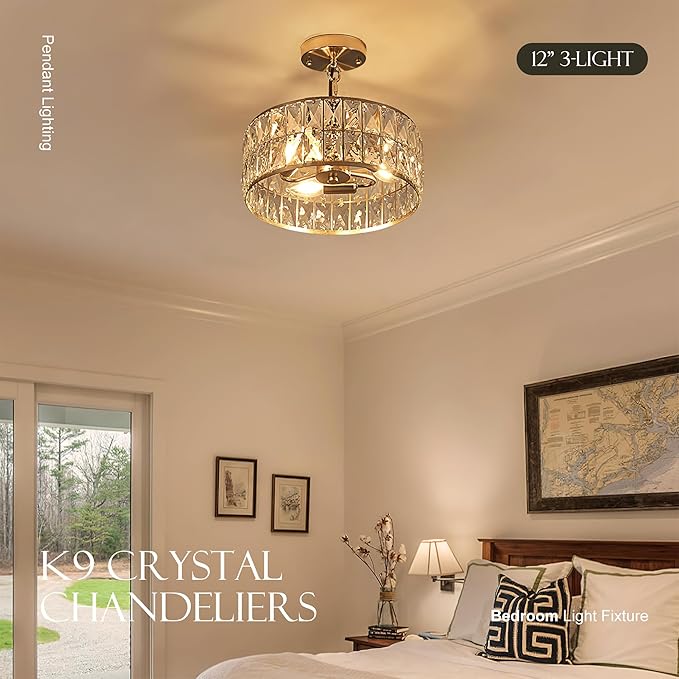 12โ 3-Light Modern Crystal Chandeliers Nickel Dinning Room Light Fixture, Round Pendant Light Kitchen Island Chandelier, Flush Mount Ceiling Light for Living Room Entryway Bedroom Foyer