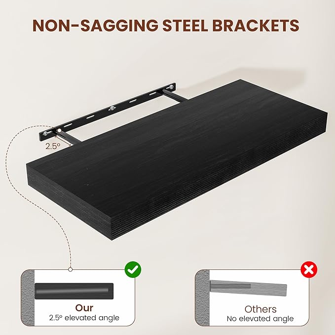 Black Floating Shelves for Wall 24 Inches Long, 12" Deep Wall Shelves 2" Thick, Heavy Duty Shelf for Bedroom, Bathroom, Living Room, Kitchen, Office, Home Decor, Modern Shelf Set of 2, 24" X 12" X 2"