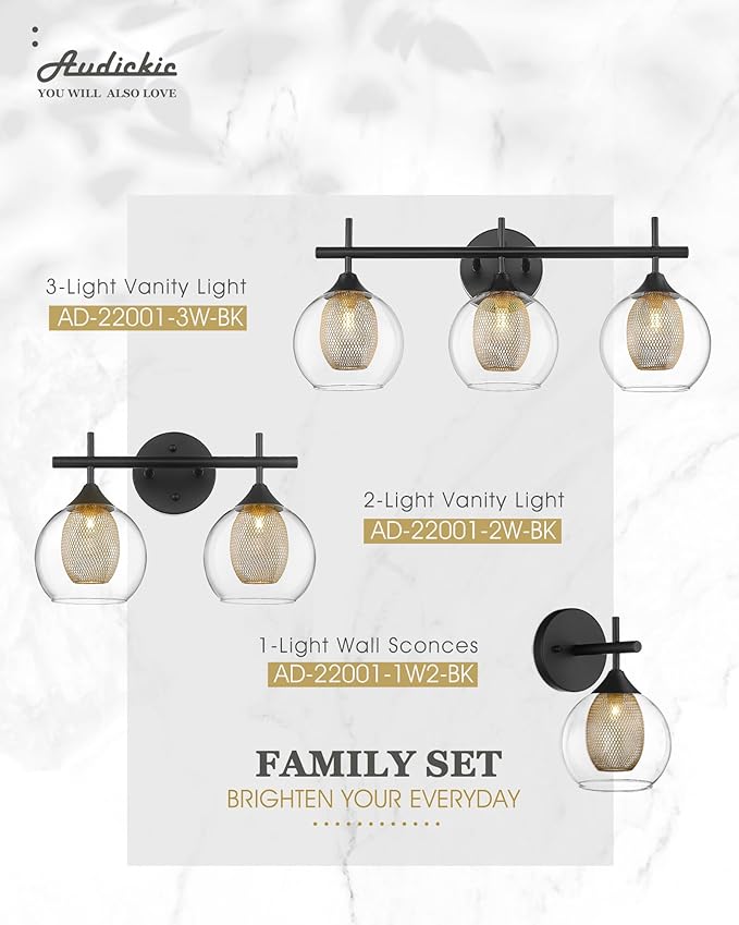 Bathroom Light Fixtures, 3-Light Black and Gold Vanity Lights Over Mirror, Farmhouse Wall Sconce Lighting with Clear Glass and Honeycomb Metal Shade, AD-22001-3W-BK