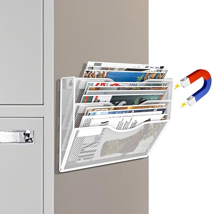 3-Tier Magnetic File Holder, No Drilling Installation File Cabinet Organizer, White Magnetic File Organizer, Magazine Rack, Magnetic Paper Holder for Refrigerator, File Cabinets,White