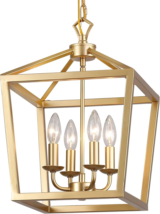 AMZASA Gold Lantern Chandelier Hanging Pendant Light Fixture 4-Lights for Kitchen Island Dining Room Hallway Entryway Foyer UL Listed