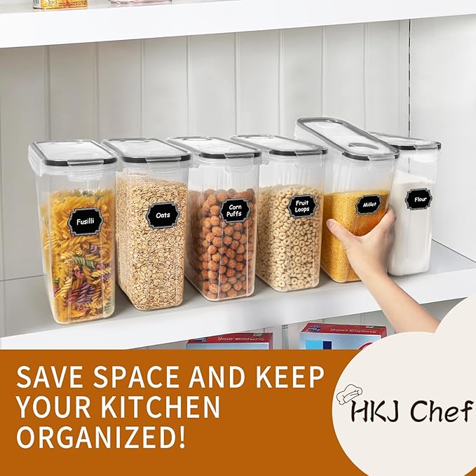 Cereal Containers Storage Set (4L / 135.2oz), 6PCS Airtight Food Storage Containers with Lids, Cereal Dispensers for kitchen Pantry Organizers and Storage with Pour Spout, 20 Labels, Marker