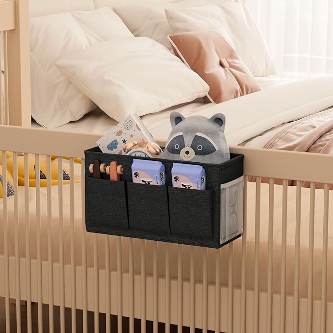 Dual-purpose Bedside Caddy Bedside Organizer, Bed Caddy with 6 Pockets, Versatile Bedside Storage Solution Magazine Remotes holder, ideal for Home, Dorm, Hospital, Crib Bed (Black 2 pcs)
