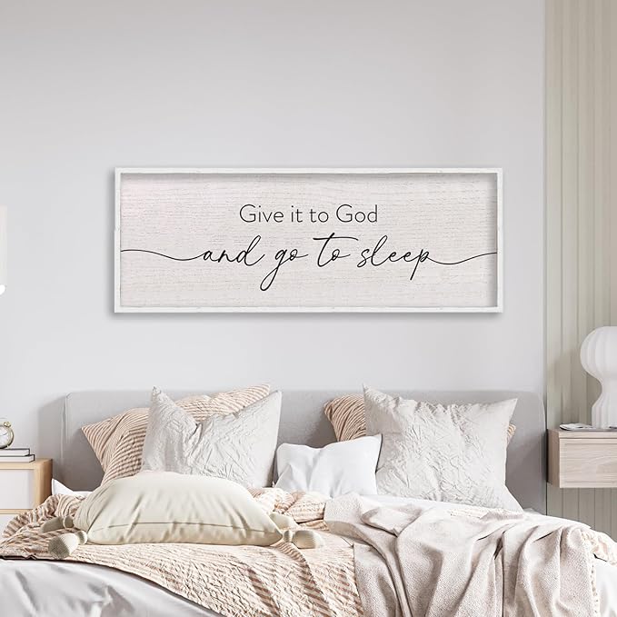 LuZhiQiang Give It To God And Go To Sleep Sign Above Over Bed Wall Decor Art 40"X15" for Master Bedroom Large Wood Framed Hanging (White)