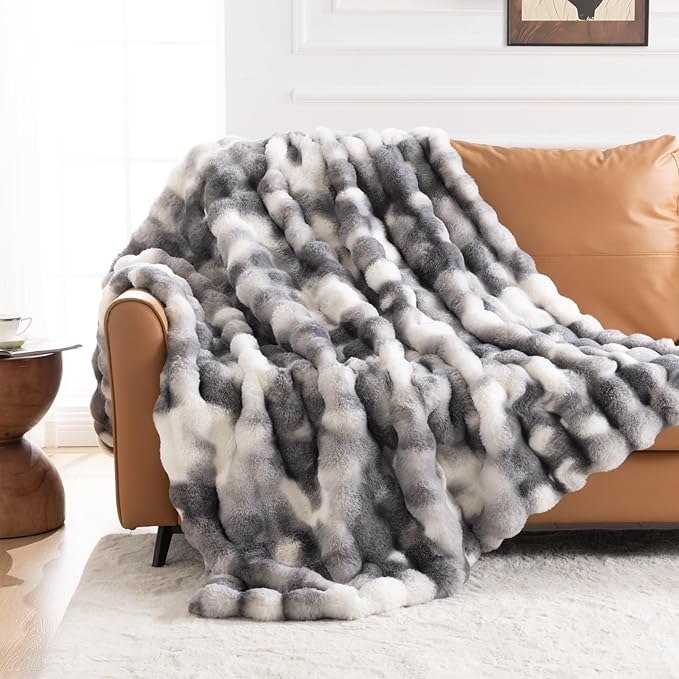 Cozy Faux Fur Throw Blanket for Bed-Warm Fuzzy Throw Blanket, Soft Plush Thick Bubble Blankets for Bedroom and Living Room, Furry Luxury Blanket, 90 x 108,Tie-Dye Grey