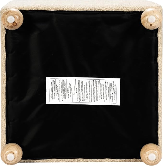 Adeco 17 Inch Soft Oatmeal Cube Ottoman Storage, Teddy Velvet Chair Foot Stools, Upholstered Vanity Stool with Hinged Lid, Solid Round Wood Legs