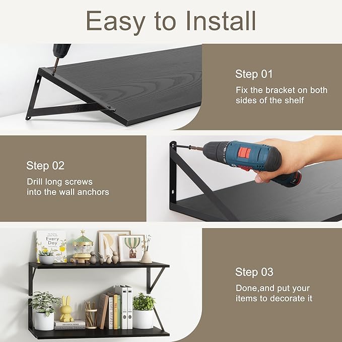 Fun Memories Deep Floating Shelves, 55W x 12D Floating Shelves for Wall, Wood Black Floating Shelf with Bracket, Wide Display & Storage Wall Shelves for Living Room, Bedroom,