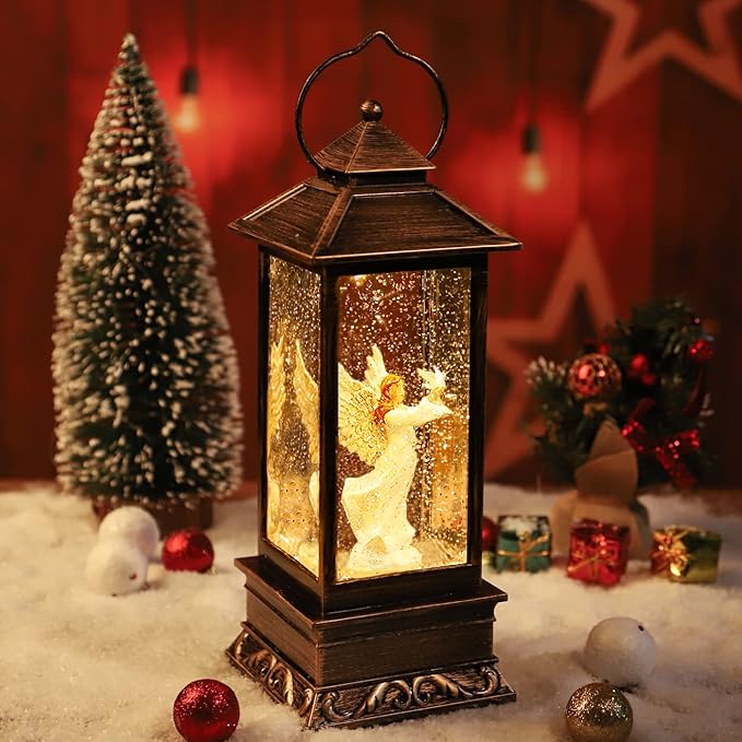 Christmas Decorations Snow Globe Lantern,Christmas Lantern with 8 Christmas Theme Music,Christmas Snow Globe Gifts Water Glittering Swirling Christmas Home Decoration(Dove Angel)