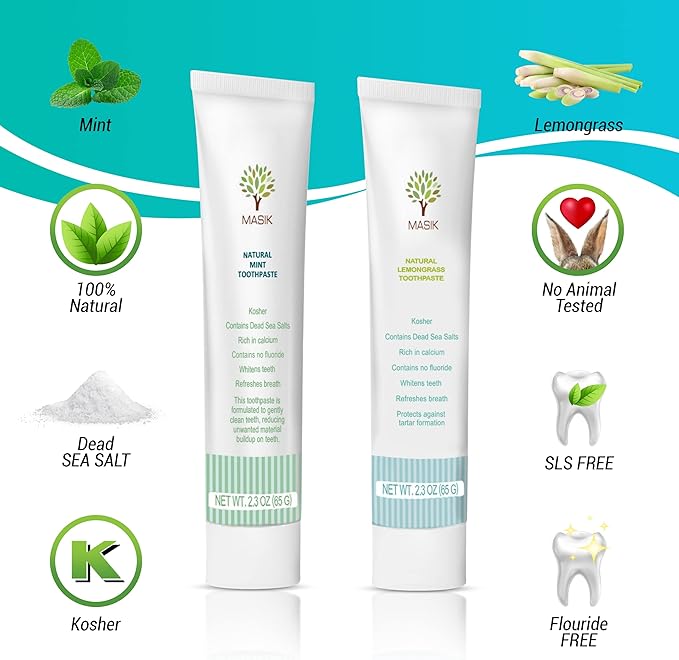 Masik Natural Lemon Grass Toothpaste โ Whitening & Sensitive Teeth | Dead Sea Salt | Stain & Plaque Remover | Bleeding Gums & Canker Sore Care | Fluoride & SLS-Free | Non-Foaming | Made in Israel