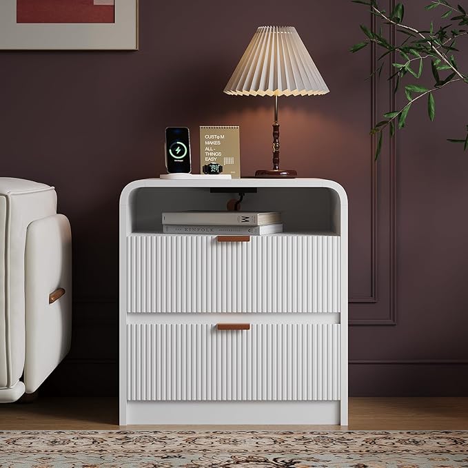 FURSUN 24" Fluted Nightstand Set of 2 with Charging Station, Wooden End Table with 2 Drawers Storage, Curved Profile Design, Modern Bedside Cabinet for Bedroom Living Room, White