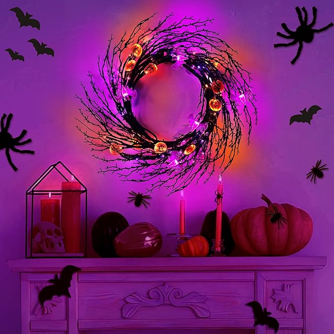 7 Ft 63 LED Halloween Willow Vine Twig Garland with 8 Modes Timer Orange Purple 21 Pumpkin Bats Lights,Halloween Garland with Waterproof Battery Operated for Indoor Wall Fireplace Decorations