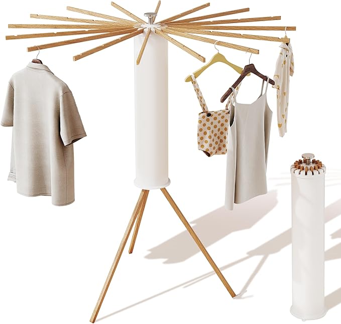 Clothes Drying Rack Tripod,Drying Rack Clothing,Laundry Drying Rack,Floor Standing,16 Wooden Poles,Collapsible Drying Racks for Laundry,Retractable,Foldable,Folding