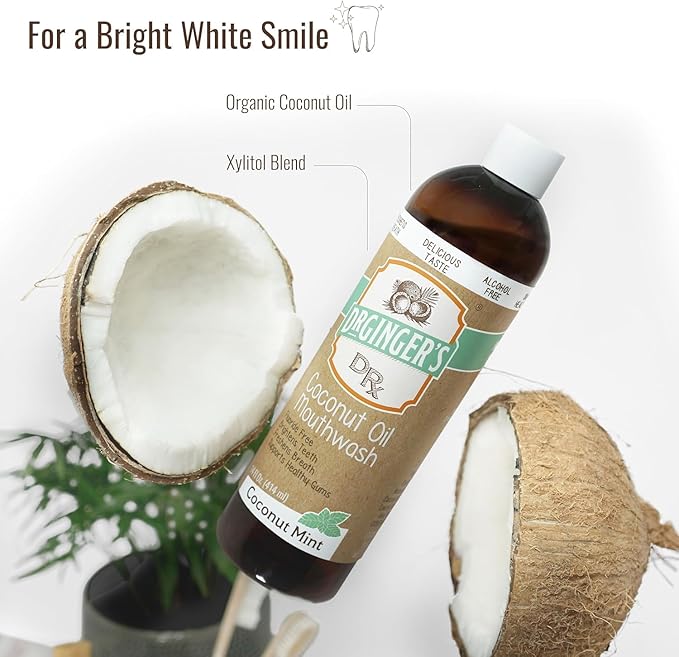 Dr. Ginger’s Coconut Oil Pulling Alcohol Free Mouthwash - Mint Flavor, 14 fl oz Support Gum Health, Tongue, and Teeth Whitening for Adults, Fluoride Free, All-Natural Oil and Xylitol for Bad Breath