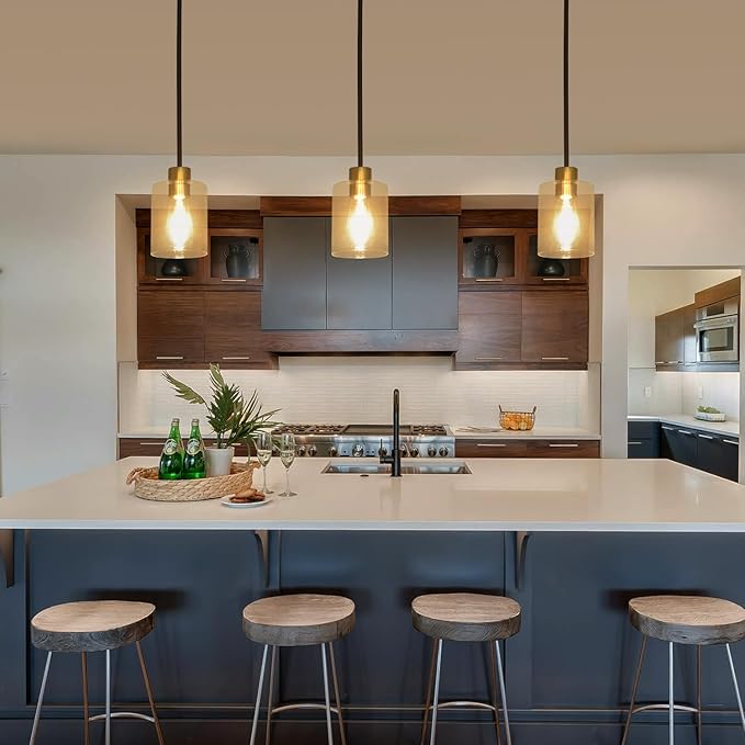 Black Brass Pendant Lights Kitchen Island - Clear Glass Pendant Light Fixture Multiple Stems Rods 3 Units 12 Inch 3 Units 4 Inch (1 Pack Black Brass Downrod)