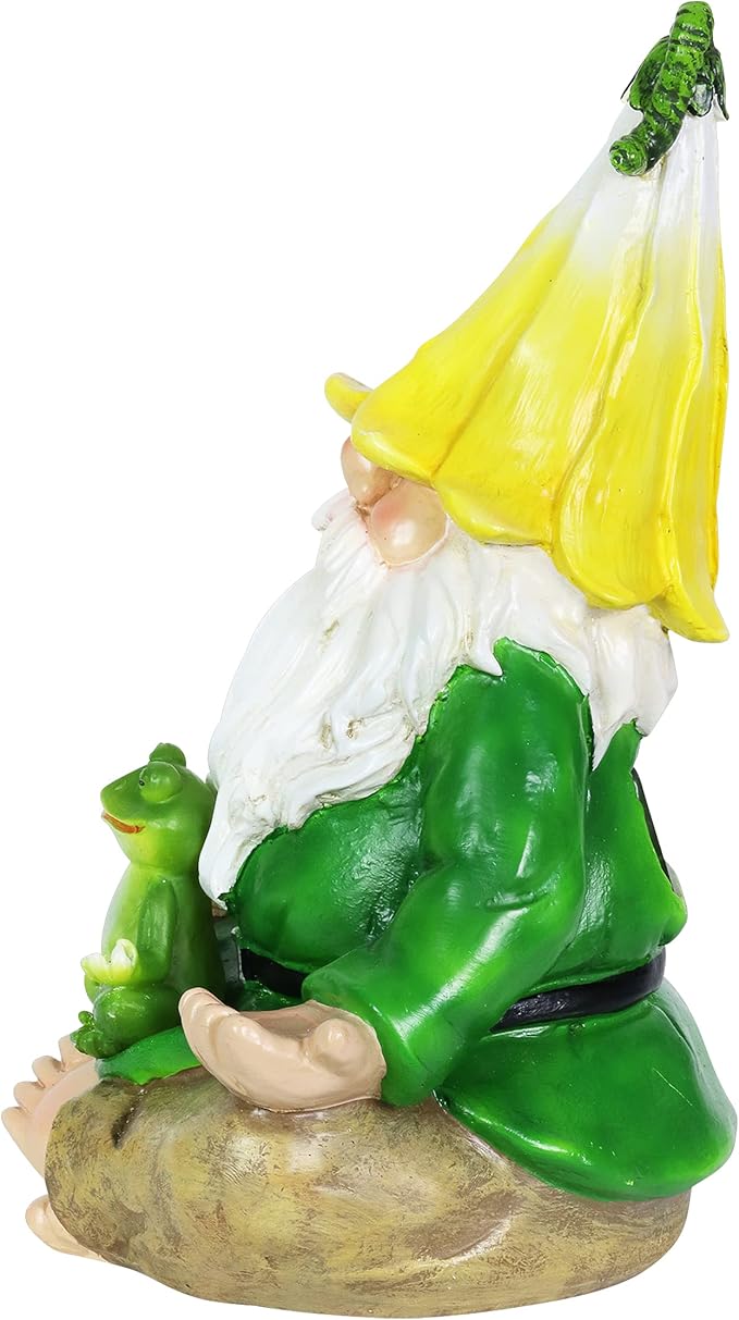 Exhart Solar Light-Up Meditating Gnome Statue w/LED Frog, Durable Resin Garden Décor, 8”x6.5”x10.5”