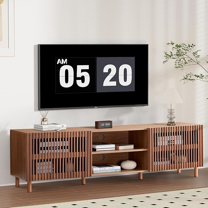 Bonzy Home 70" Mid Century Modern TV Stand, TV Console for TV up to 75", Slatted Entertainment Center with Storage and Open Shelves for Living Room, Bedroom, and Media Room