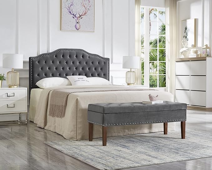 24KF Upholstered Button Tufted Queen/Full Size Headboard with Nailhead Trim, Soft Velvet Fabric - Dark Gray