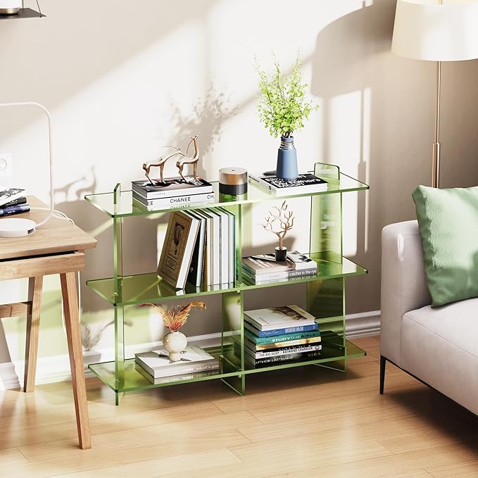 Acrylic Bookshelf, Small 3 Tier Open Bookcase for Small Spaces,Sofa Table, Hallway Entry Table for Home Living Room (Green, 39.4'' x 11.8'' x 31.5'')
