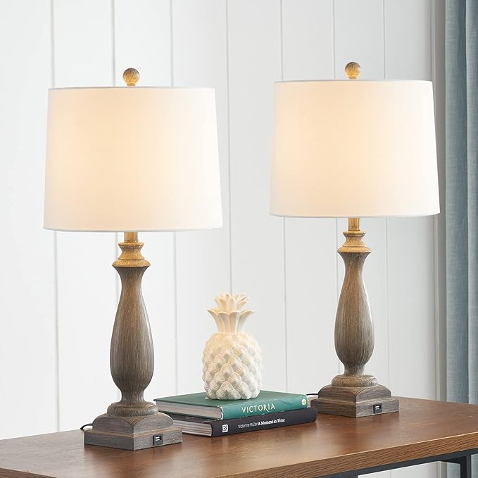 ๐๐-๐๐๐๐ Rustic Table Lamp Set of 2 for Living Room, Vintage Farmhouse Bedside Lamp with USB Charging Port, 3 Way Dimmable Resin Nightstand Lamps with White Shade for Bedroom, End Table