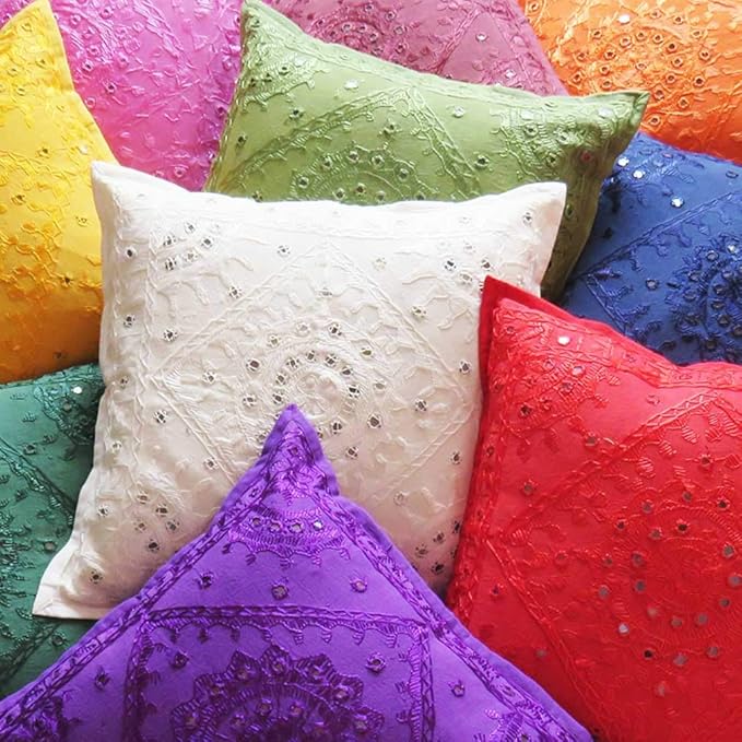 Eyes of India Embroidered Decorative Boho Throw Pillow Cover with Mirrors, Handmade Bohemian Accent Cushion Case for Sofa Couch Bedroom Living Room (Purple, 24" x 24")