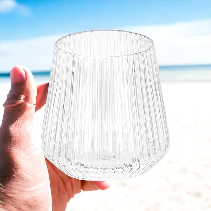 24 Pack Ribbed Origami Ripple Plastic Glasses, 12-9 Ounce Stemless Champagne Flutes & 12-12 Ounce Cups, BPA-Free Disposable Shatterproof Toasting Glasses for Weddings, Bars, and Events (Clear)