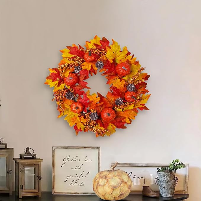 DiliComing Fall Wreath Front Door Wreath - 20 inch Fall Wreaths for Front Door, Autumn Wreaths with Pumpkin Maple Leavses for Indoor Outdoor Outside, Home Decor for Thanksgiving Harvest
