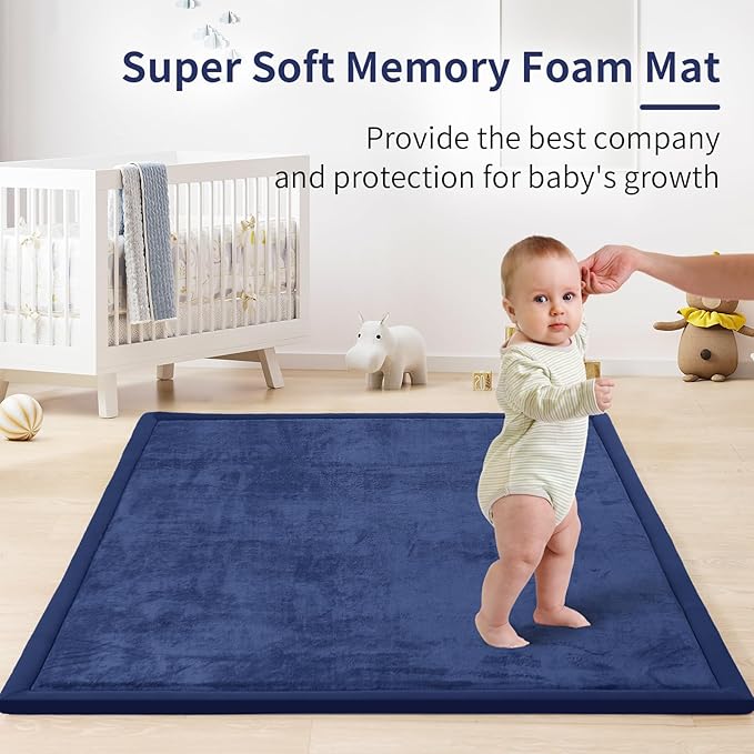 ACOMOPACK Baby Play Mat for Floor 1.3" Thick Memory Foam Play Mat 79"×118" Tummy Time Crawling with Non-Slip Bottom for Living Room,Nursery,Soft Velvet Playpen Mats for Kids,Infants(Royal Blue)