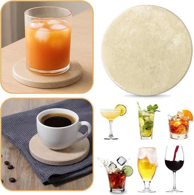 Beige Natural Travertine Marble Coasters Set of 4, Round 4 Inch Diameter Drink Marble Coasters for Housewarming Gifts, Anniversaries, Office Decorations Protect Tables from Stains & Scratches
