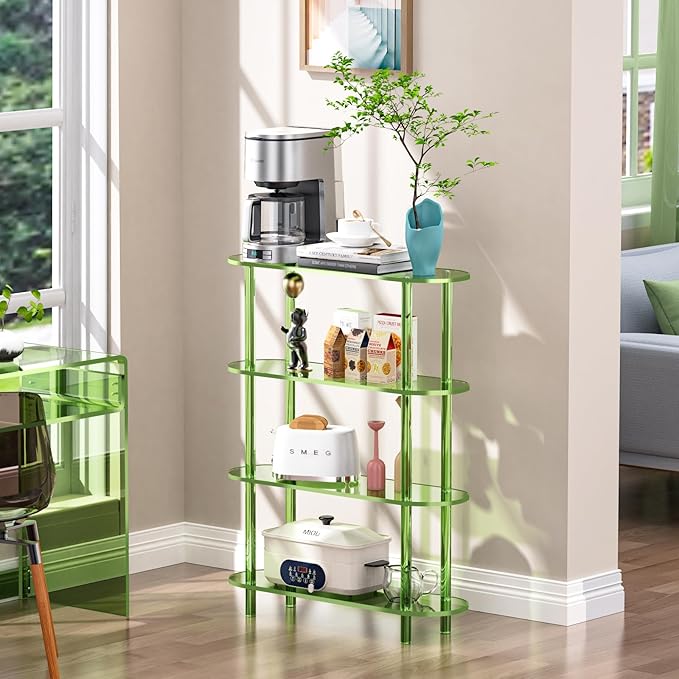 Clear Bookshelf, Acrylic Bookcase with Open Book Shelf Console Table for Entryway Office (4 Tier Green)