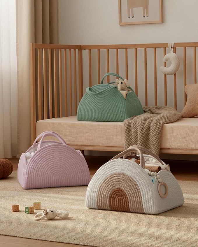 Blissful Diary Baby Diaper Caddy Organizer, Cotton Rope Diaper Caddy Basket, Large Storage Basket for Newborn Boys and Girls, Gift for Baby Shower List, Newborn Essentials, Earthy Rainbow