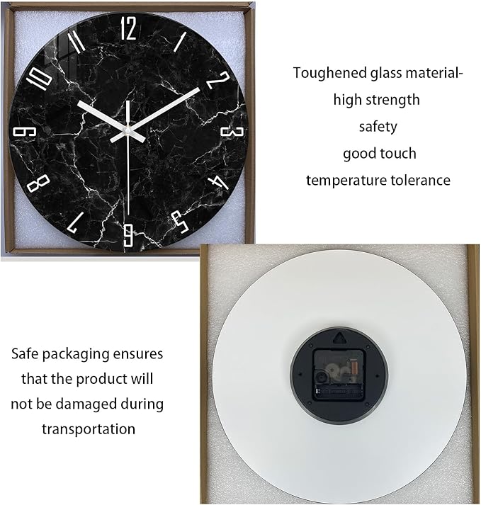 Big Wall Clock for Living Room Decor Marble Glass Wall Clock Battery Operated 16 Inch Black Wall Clocks Non Ticking