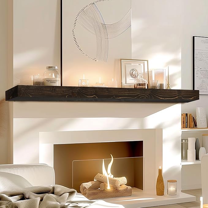 60x8x3 Fireplace Mantel - Solid Rustic Wood - Wall Mounted Floating Shelf with Invisible Heavy Duty Steel Bracket (Weathered Black)