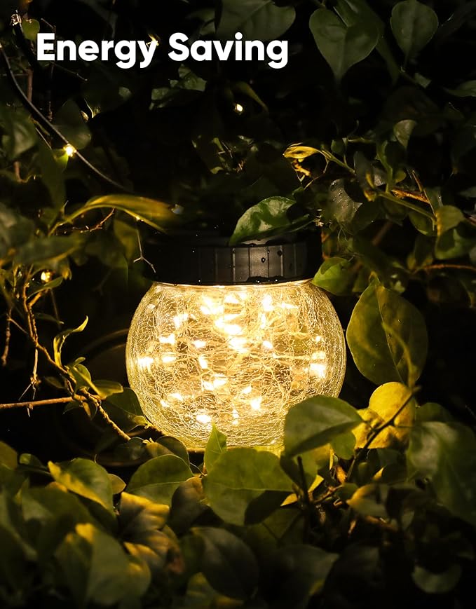 PARTPHONER Solar Lantern Solar Lights Outdoor Waterproof 2-Pack, Solar Powered Hanging Lights Cracked Glass Hanging Globes for Christmas Decoration, Shepherd Hook, Garden Tree Ornaments