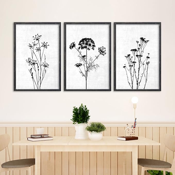 Flower Plant Wall Art Decor 24"x16" Set of 3 Black And White Botanical Painting Wood Framed For Minimalist Bedroom Office Rustic Living Room Abstract Wildflower Sign Hanging (Black)