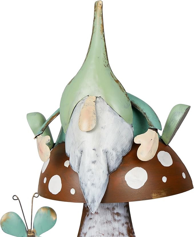 Alpine Corporation - Metal Gnome with Mushroom – 20" Tall Durable Iron Garden Statue, Whimsical Outdoor Décor for Patio, Lawn, Yard (Multicolor)