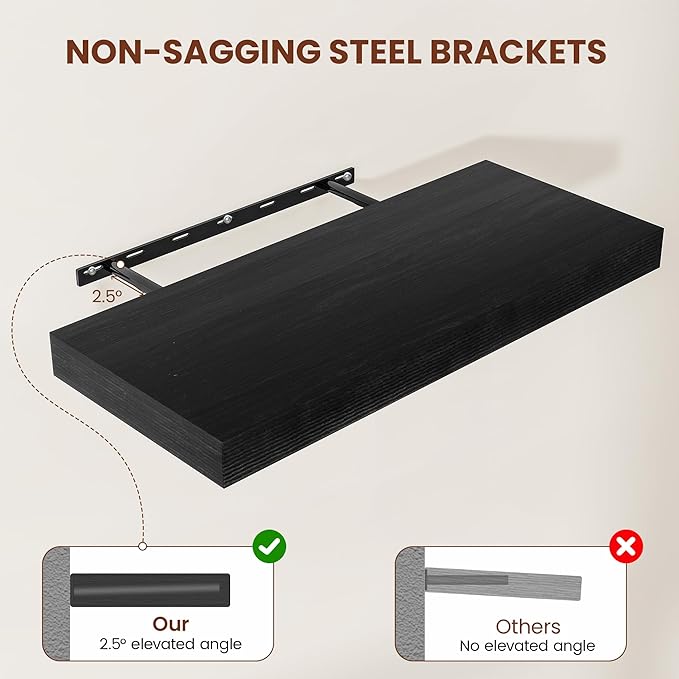 Black Floating Shelves for Wall 55 Inches Long, 12" Deep Wall Shelves 2" Thick, Heavy Duty Shelf for Bedroom, Bathroom, Living Room, Kitchen, Office, Home Decor, Modern Shelf Set of 2, 55" X 12" X 2"