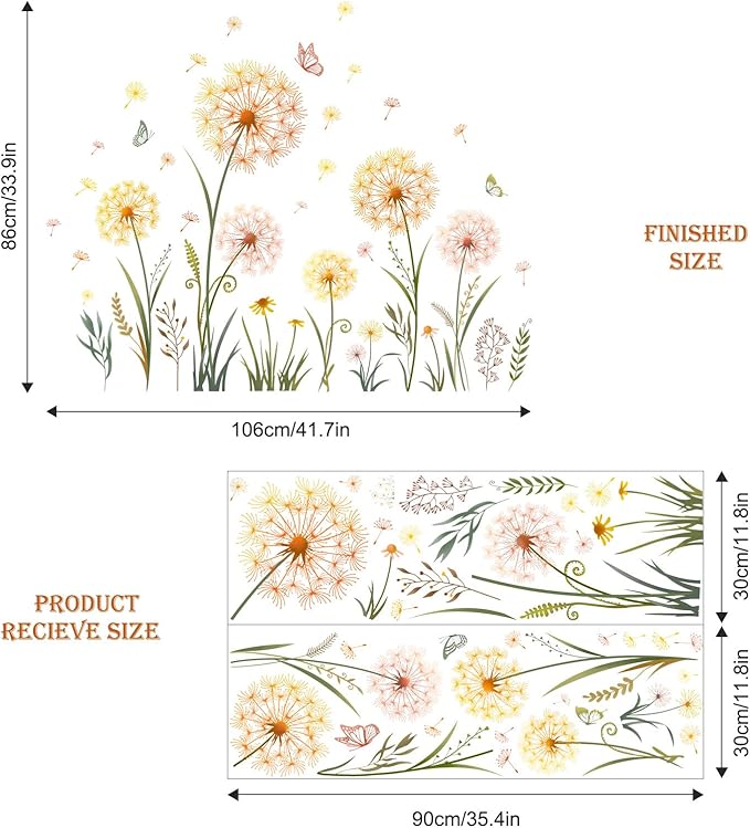 Dandelion Flower Butterfly Wall Decals Gold Dandelion Plants Floral Wall Stickers Peel and Stick Vinyl Wall Art Decor for Living Room Bedroom Office TV Sofa Backdrop Home Decor Gifts for Mom
