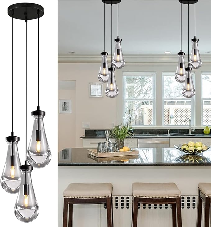 Bronze 3 Light Pendant Lighting, Raindrop Pendant Lights, Black Adjustable Hanging Rope Cluster Pendant Lighting Over Kitchen Island, Teardrop Glass Chandelier Dining Room Light Fixture
