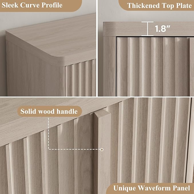 Fluted Buffet Cabinet with Storage, 60" Sideboard Buffet Accent Cabinet with 4 Door & Solid Wood Handle, Modern Buffet Table Credenza Console Cabinets for Living Room, Dining Room, Kitchen, Oak(1PCS)