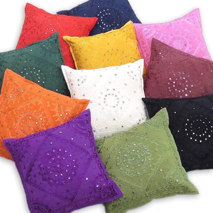 Eyes of India Embroidered Decorative Boho Throw Pillow Cover with Mirrors, Handmade Bohemian Accent Cushion Case for Sofa Couch Bedroom Living Room (Orange, 24" x 24")