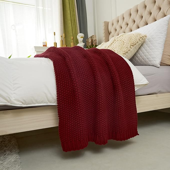 Chunky Cable Knit Throw Blanket Lightweight Wine red 100% Organic Cotton Blanket for Sofa Couch Bed Baby Nursery, Rustic Shabby Chic Modern Farmhouse, 60” x 80” Give Laundering Bag