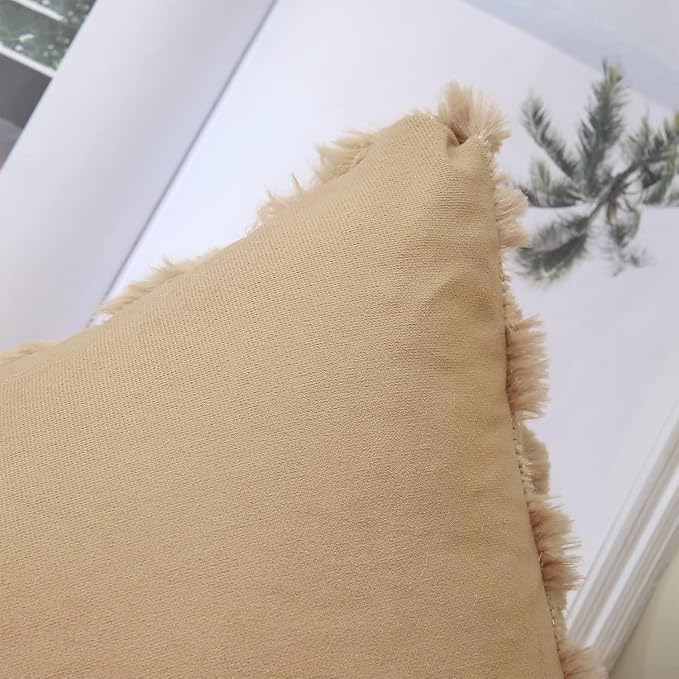 decorUhome Throw Pillow Covers 24x24 Inch Set of 2, Soft Plush Decorative Faux Fur Light Brown Solid Couch Pillow Covers, Accent Farmhouse Neutral Square Euro Pillow Cases for Sofa Bed Living Room